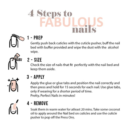 The image is a step-by-step guide on how to achieve "FABULOUS nails". It provides instructions on preparing, sizing, applying, and removing nail polish.