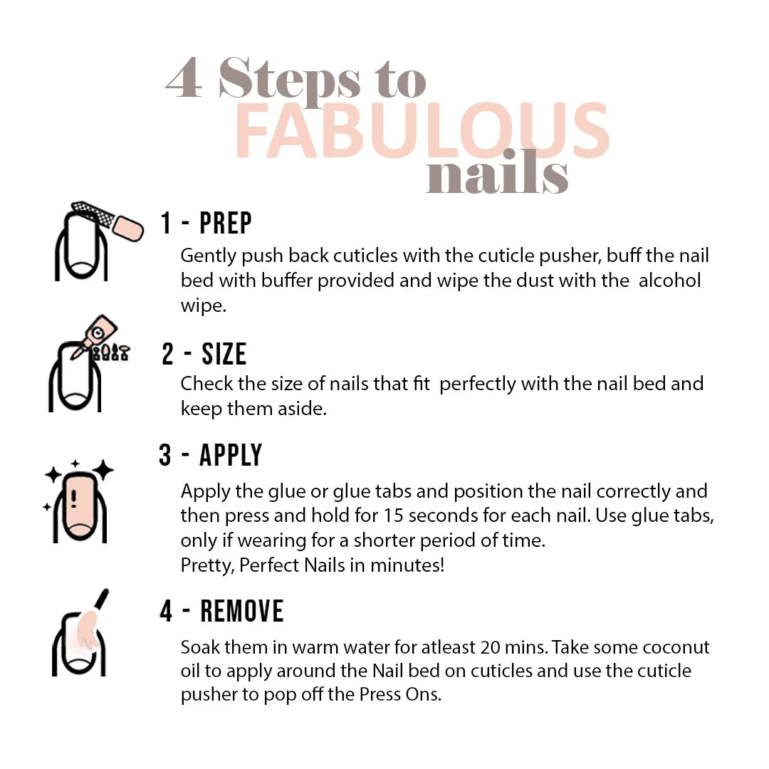 The image is a step-by-step guide on how to achieve "FABULOUS nails". It provides instructions on preparing, sizing, applying, and removing nail polish.